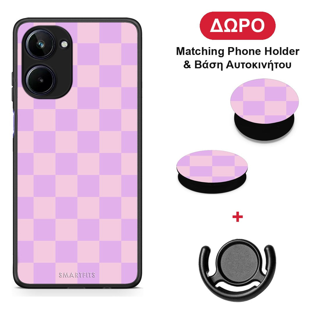 Lavender and Pink Checkerboard - Realme 10 θήκη + Δώρο Phone Holder & Βάση Αυτοκινήτου