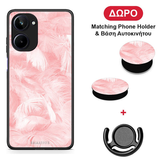 Boho Pink Feather - Realme 10 θήκη + Δώρο Phone Holder & Βάση Αυτοκινήτου