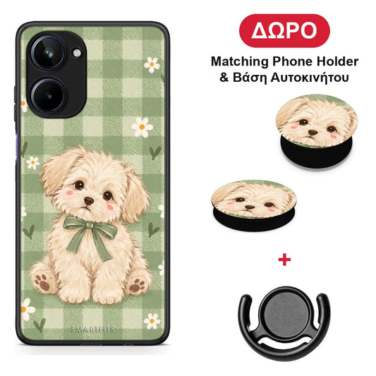 Puppy and Daisies on Sage Gingham - Realme 10 θήκη + Δώρο Phone Holder & Βάση Αυτοκινήτου