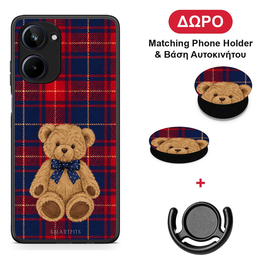 Teddy Bear on Red and Navy Tartan - Realme 10 θήκη + Δώρο Phone Holder & Βάση Αυτοκινήτου