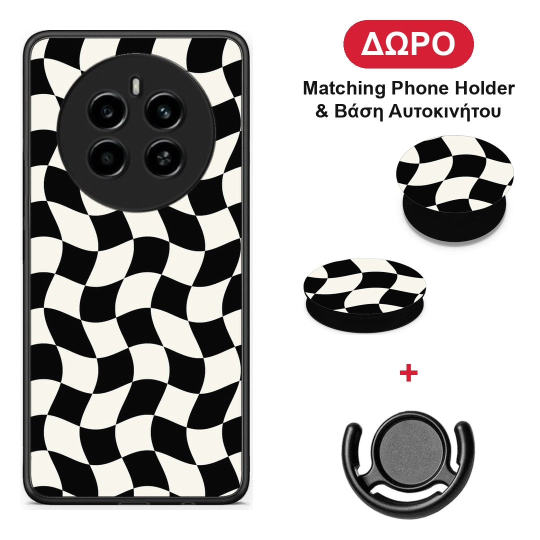 Black and Cream Wavy Checkerboard - Realme 12 4G / 12+ / 13 4G θήκη + Δώρο Phone Holder & Βάση Αυτοκινήτου