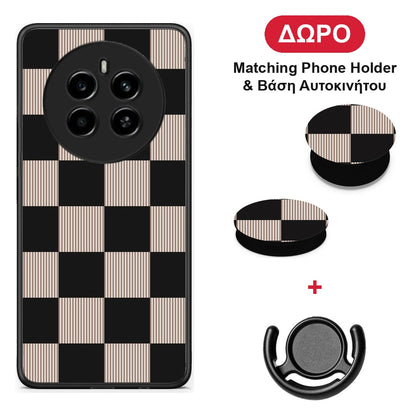 Black and Taupe Striped Checks - Realme 12 4G / 12+ / 13 4G θήκη + Δώρο Phone Holder & Βάση Αυτοκινήτου
