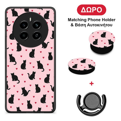 Black Cat Silhouettes and Hearts on Pink - Realme 12 4G / 12+ / 13 4G θήκη + Δώρο Phone Holder & Βάση Αυτοκινήτου