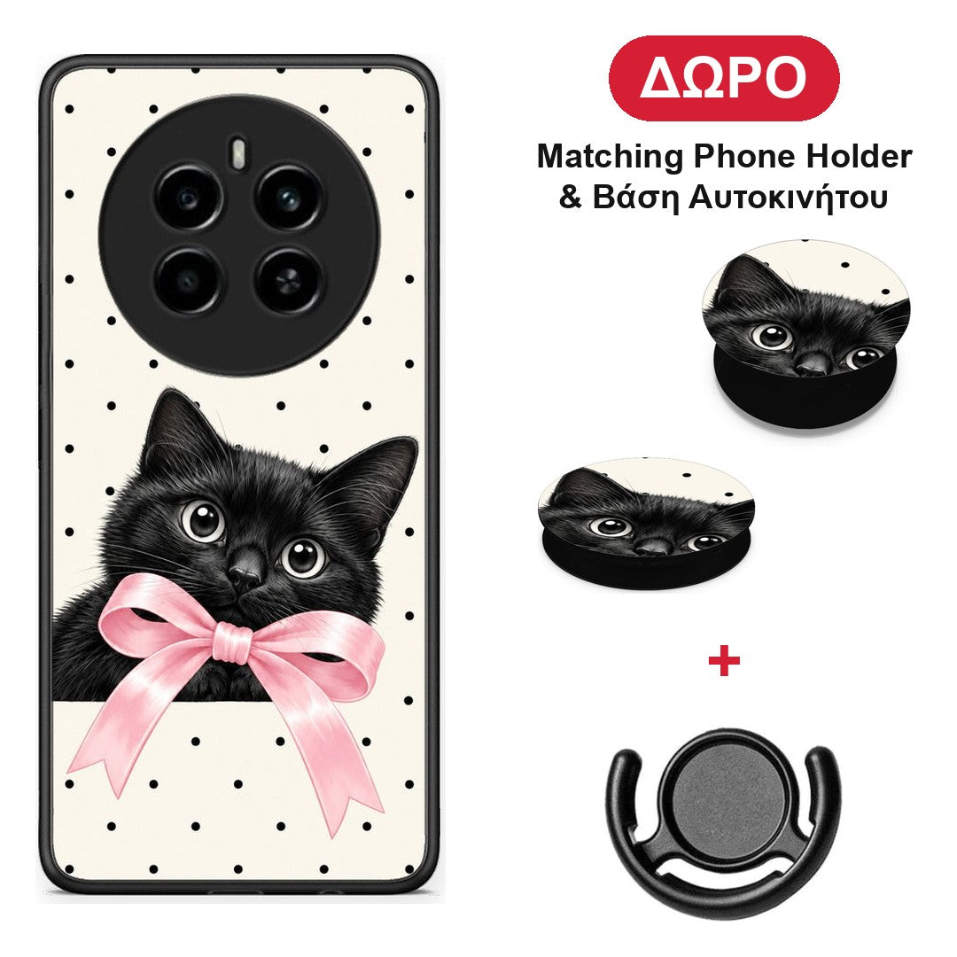 Black Kitten Pink Bow and Polka Dots - Realme 12 4G / 12+ / 13 4G θήκη + Δώρο Phone Holder & Βάση Αυτοκινήτου