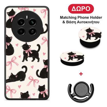 Black Kittens and Pink Bows on Cream Large - Realme 12 4G / 12+ / 13 4G θήκη + Δώρο Phone Holder & Βάση Αυτοκινήτου
