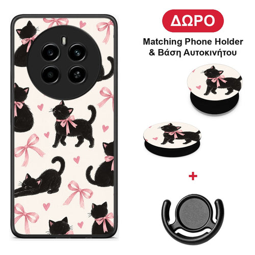 Black Kittens and Pink Bows on Cream Large - Realme 12 4G / 12+ / 13 4G θήκη + Δώρο Phone Holder & Βάση Αυτοκινήτου