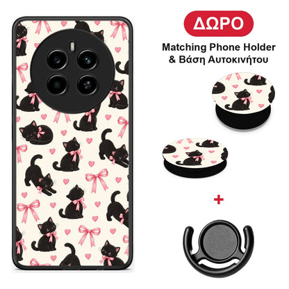 Black Kittens and Pink Bows on Cream Small - Realme 12 4G / 12+ / 13 4G θήκη + Δώρο Phone Holder & Βάση Αυτοκινήτου
