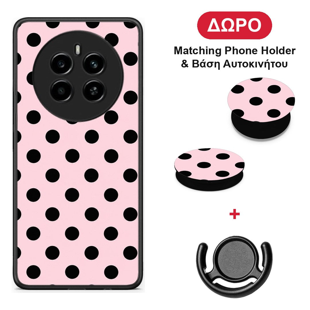 Black Polka Dots on Pink - Realme 12 4G / 12+ / 13 4G θήκη + Δώρο Phone Holder & Βάση Αυτοκινήτου