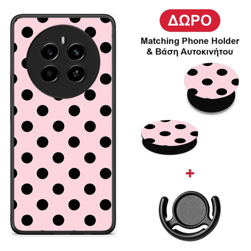 Black Polka Dots on Pink - Realme 12 4G / 12+ / 13 4G θήκη + Δώρο Phone Holder & Βάση Αυτοκινήτου