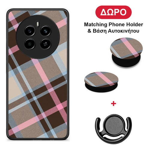 Brown Pink and Blue Diagonal Plaid - Realme 12 4G / 12+ / 13 4G θήκη + Δώρο Phone Holder & Βάση Αυτοκινήτου