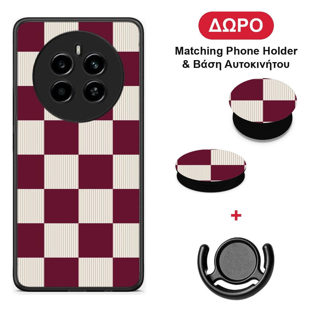 Burgundy and Cream Striped Checks - Realme 12 4G / 12+ / 13 4G θήκη + Δώρο Phone Holder & Βάση Αυτοκινήτου