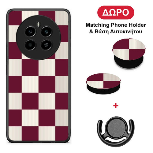 Burgundy and Cream Striped Checks - Realme 12 4G / 12+ / 13 4G θήκη + Δώρο Phone Holder & Βάση Αυτοκινήτου