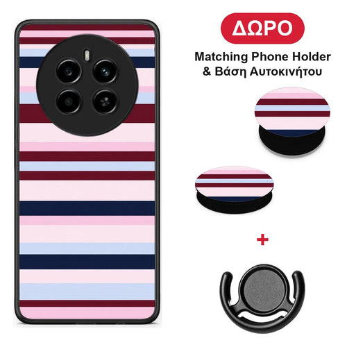 Burgundy Pink and Blue Horizontal Stripes - Realme 12 4G / 12+ / 13 4G θήκη + Δώρο Phone Holder & Βάση Αυτοκινήτου