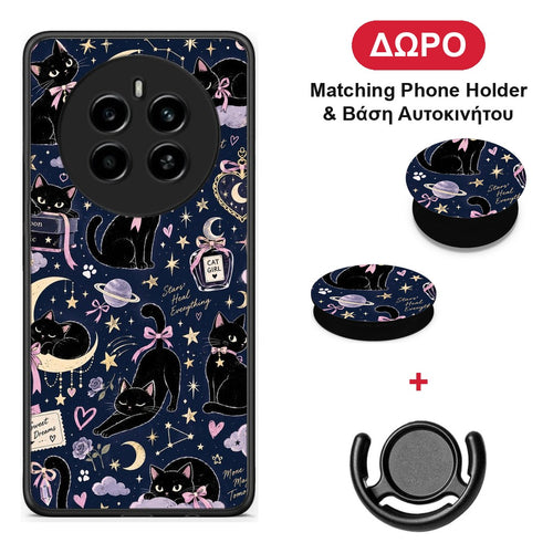 Celestial Black Cats on Navy - Realme 12 4G / 12+ / 13 4G θήκη + Δώρο Phone Holder & Βάση Αυτοκινήτου