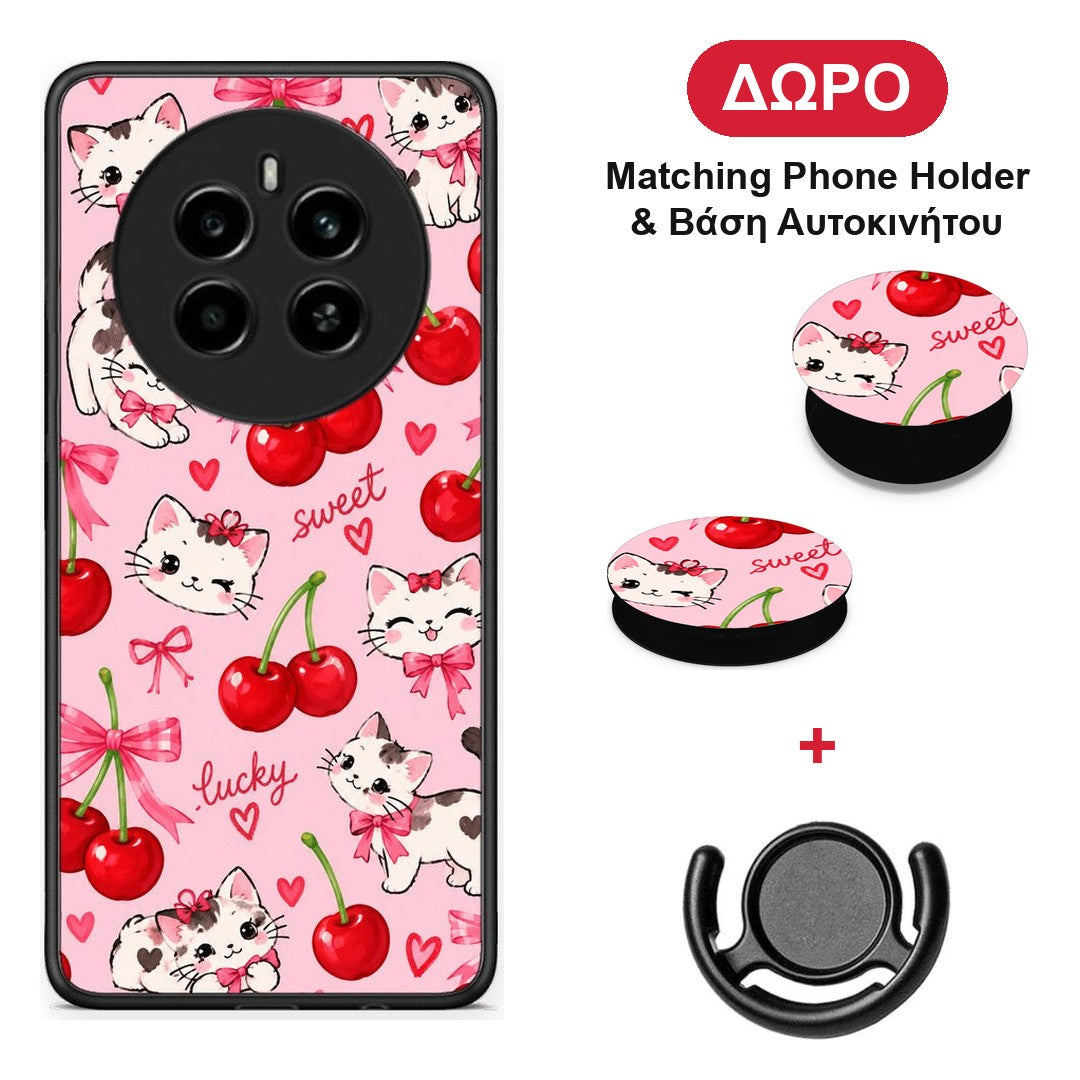 Cherries Bows and Kittens on Pink - Realme 12 4G / 12+ / 13 4G θήκη + Δώρο Phone Holder & Βάση Αυτοκινήτου