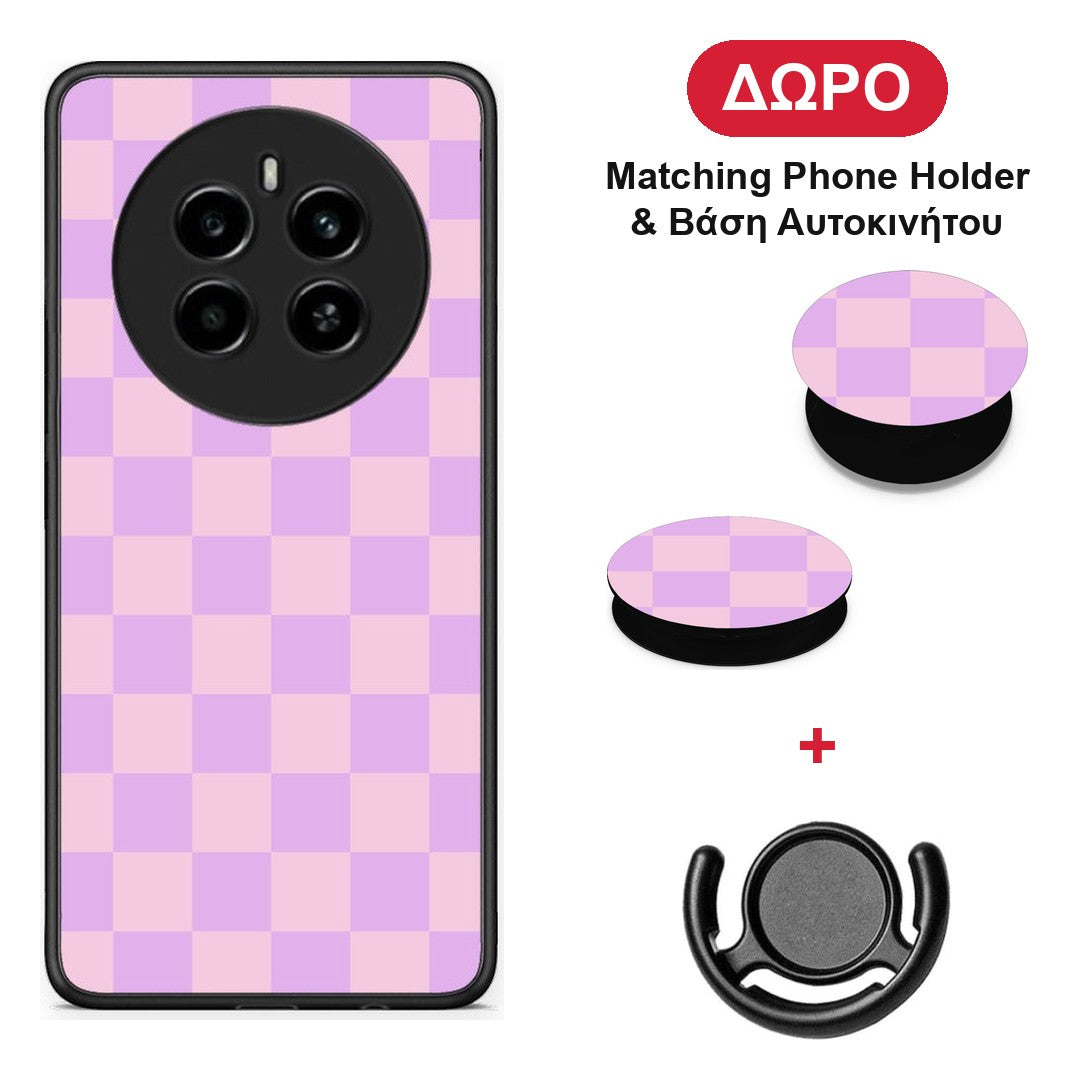 Lavender and Pink Checkerboard - Realme 12 4G / 12+ / 13 4G θήκη + Δώρο Phone Holder & Βάση Αυτοκινήτου