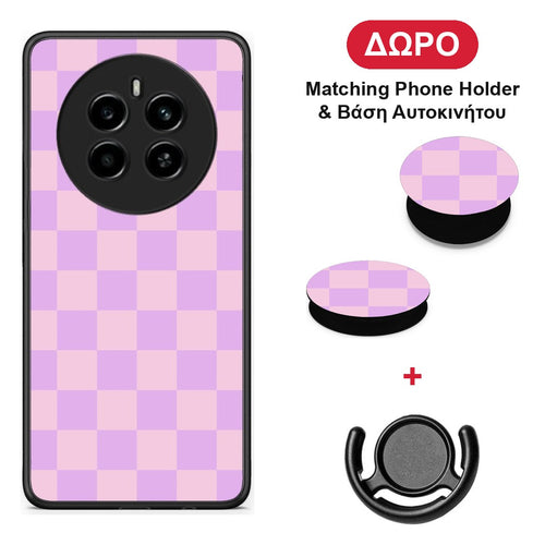 Lavender and Pink Checkerboard - Realme 12 4G / 12+ / 13 4G θήκη + Δώρο Phone Holder & Βάση Αυτοκινήτου