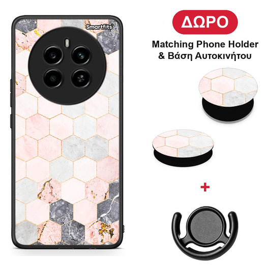 Marble Hexagon Pink - Realme 12 4G / 12+ / 13 4G θήκη + Δώρο Phone Holder & Βάση Αυτοκινήτου