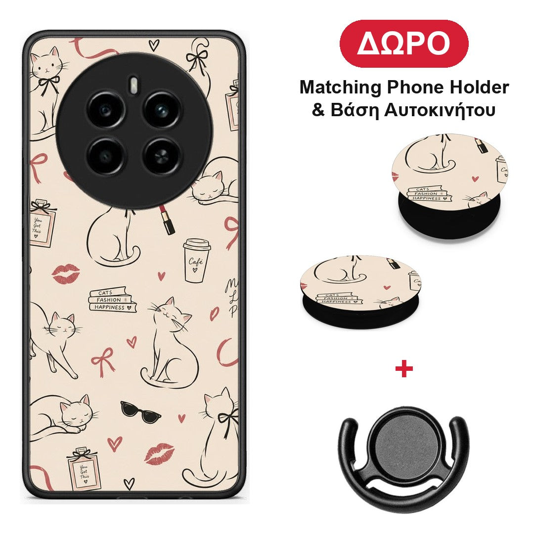 Minimal Cat and Fashion Doodles on Cream - Realme 12 4G / 12+ / 13 4G θήκη + Δώρο Phone Holder & Βάση Αυτοκινήτου
