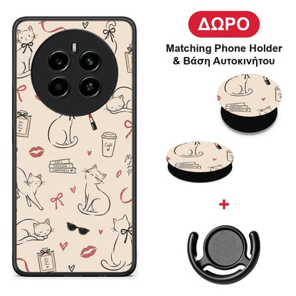 Minimal Cat and Fashion Doodles on Cream - Realme 12 4G / 12+ / 13 4G θήκη + Δώρο Phone Holder & Βάση Αυτοκινήτου