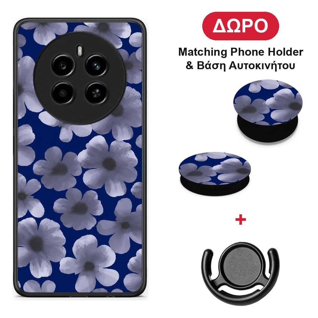 Pale Blue Flowers on Navy - Realme 12 4G / 12+ / 13 4G θήκη + Δώρο Phone Holder & Βάση Αυτοκινήτου