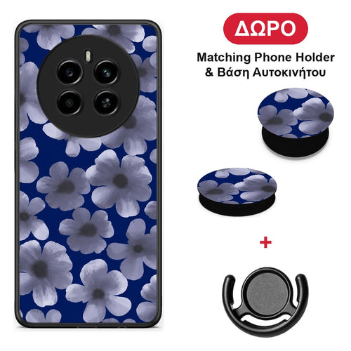 Pale Blue Flowers on Navy - Realme 12 4G / 12+ / 13 4G θήκη + Δώρο Phone Holder & Βάση Αυτοκινήτου