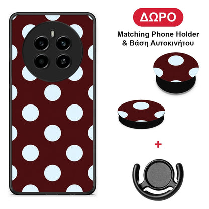 Pale Blue Large Polka Dots on Burgundy - Realme 12 4G / 12+ / 13 4G θήκη + Δώρο Phone Holder & Βάση Αυτοκινήτου