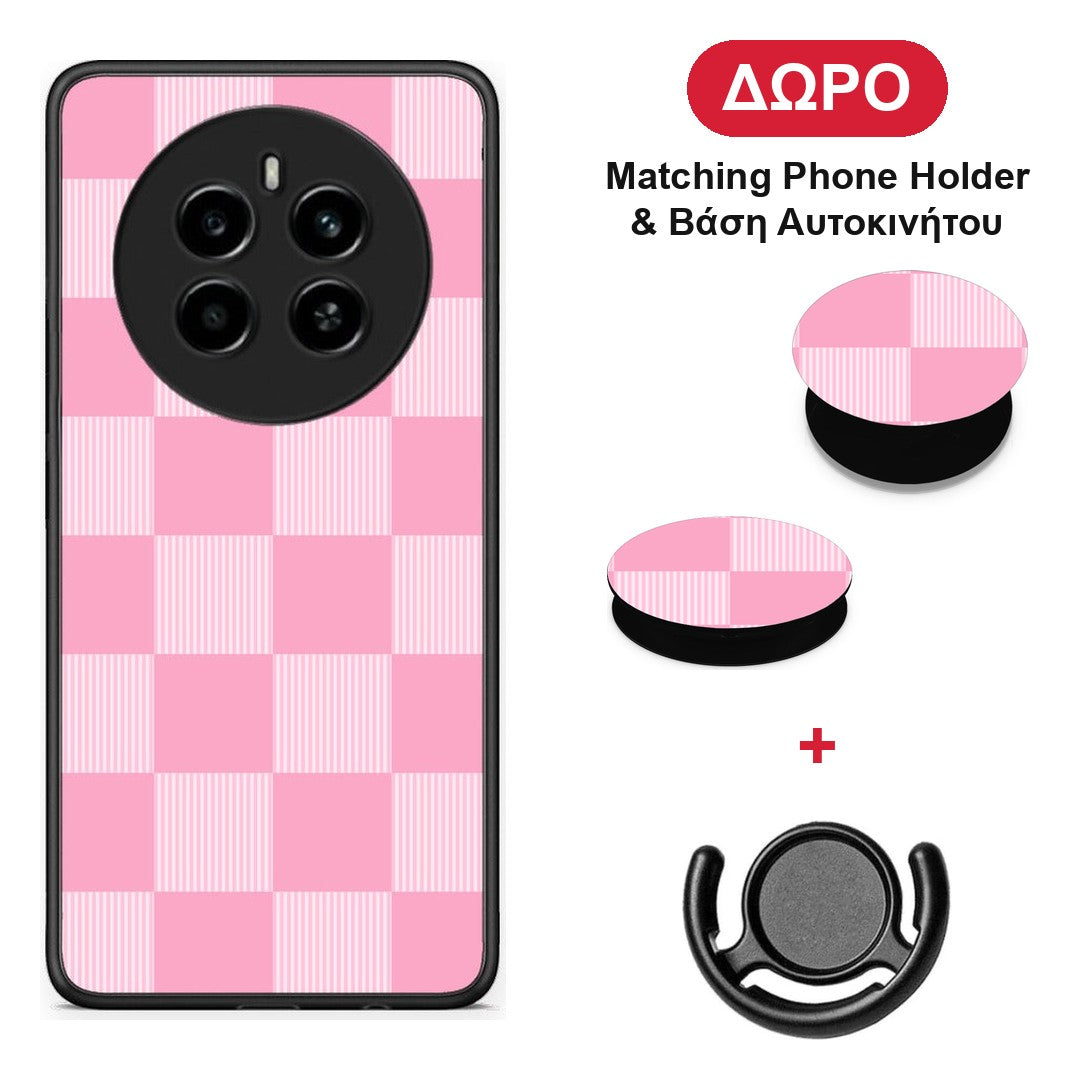 Pink and White Striped Checks - Realme 12 4G / 12+ / 13 4G θήκη + Δώρο Phone Holder & Βάση Αυτοκινήτου