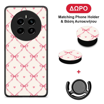 Pink Bow Lattice and Hearts on Cream - Realme 12 4G / 12+ / 13 4G θήκη + Δώρο Phone Holder & Βάση Αυτοκινήτου