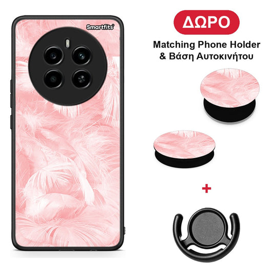 Boho Pink Feather - Realme 12 4G / 12+ / 13 4G θήκη + Δώρο Phone Holder & Βάση Αυτοκινήτου