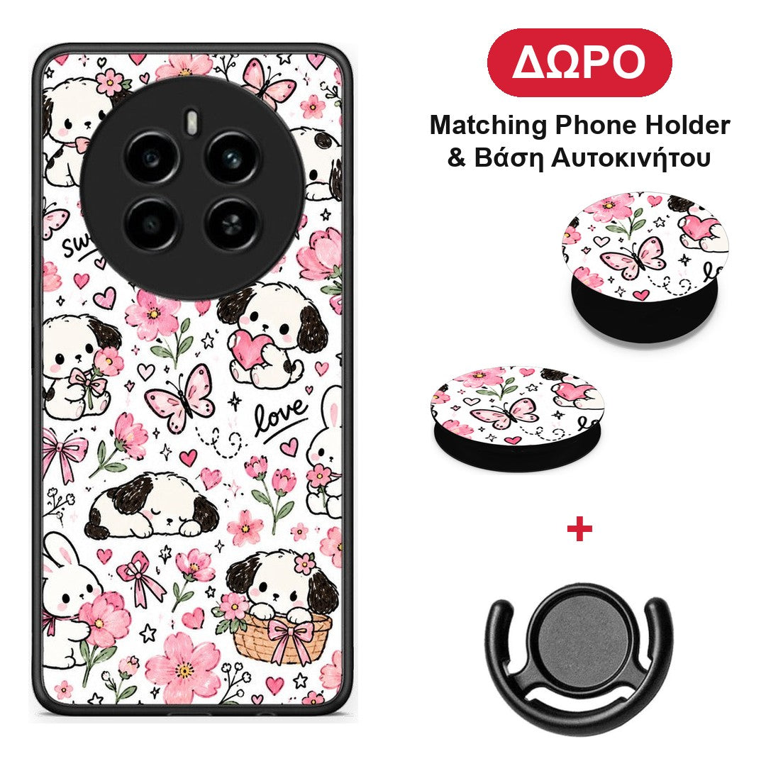 Pink Florals Puppies and Bunnies on White - Realme 12 4G / 12+ / 13 4G θήκη + Δώρο Phone Holder & Βάση Αυτοκινήτου