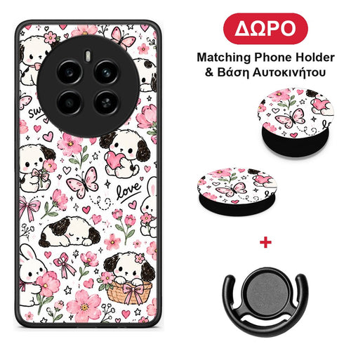 Pink Florals Puppies and Bunnies on White - Realme 12 4G / 12+ / 13 4G θήκη + Δώρο Phone Holder & Βάση Αυτοκινήτου