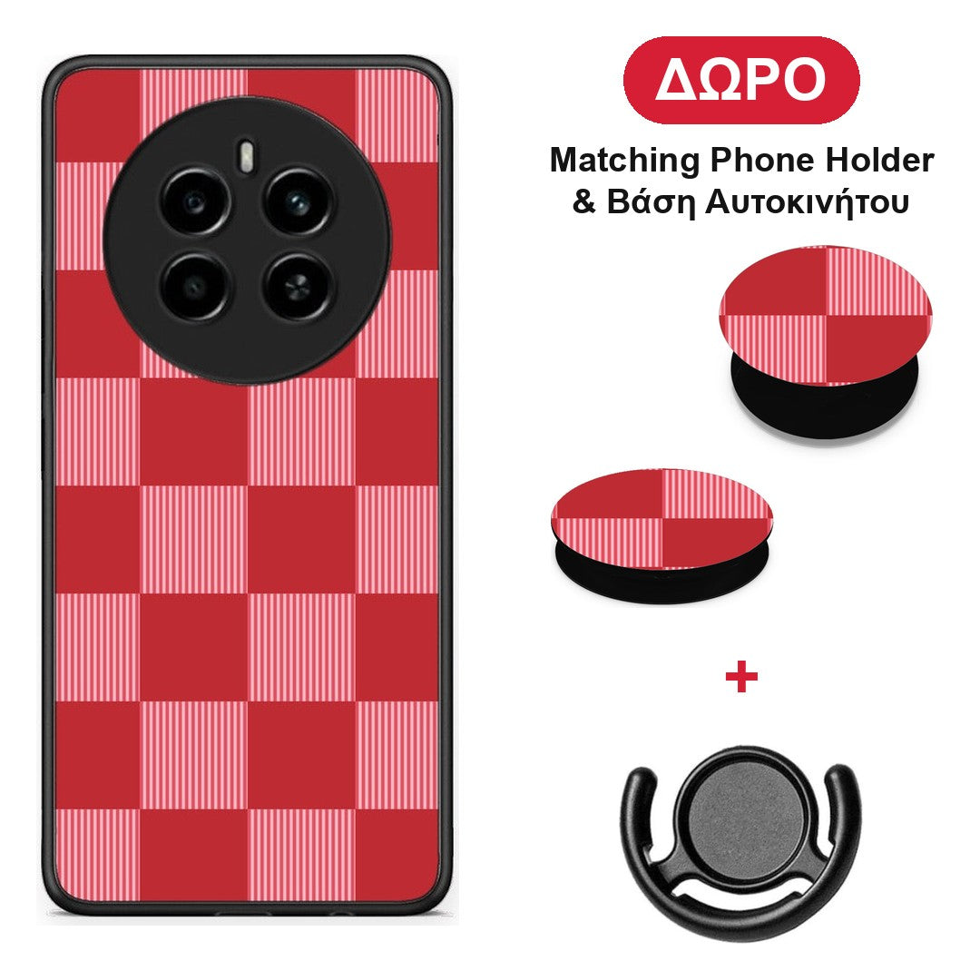 Red and Pink Striped Checks - Realme 12 4G / 12+ / 13 4G θήκη + Δώρο Phone Holder & Βάση Αυτοκινήτου