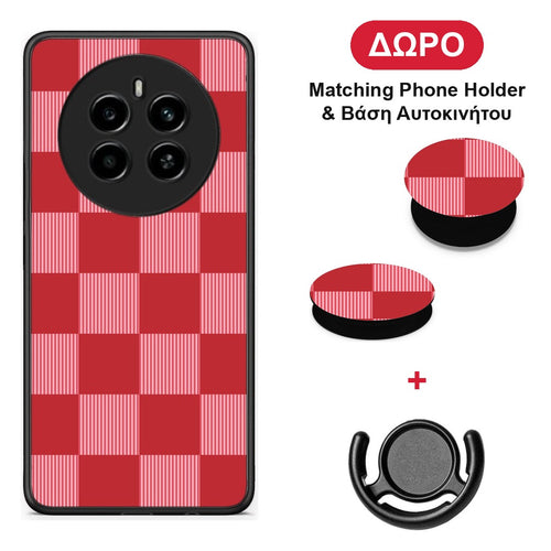 Red and Pink Striped Checks - Realme 12 4G / 12+ / 13 4G θήκη + Δώρο Phone Holder & Βάση Αυτοκινήτου