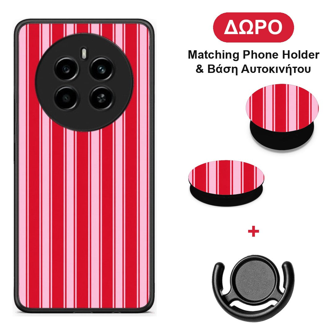 Red and Pink Vertical Pinstripes - Realme 12 4G / 12+ / 13 4G θήκη + Δώρο Phone Holder & Βάση Αυτοκινήτου