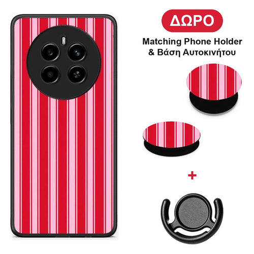 Red and Pink Vertical Pinstripes - Realme 12 4G / 12+ / 13 4G θήκη + Δώρο Phone Holder & Βάση Αυτοκινήτου
