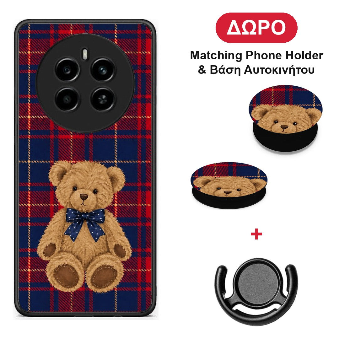 Teddy Bear on Red and Navy Tartan - Realme 12 4G / 12+ / 13 4G θήκη + Δώρο Phone Holder & Βάση Αυτοκινήτου