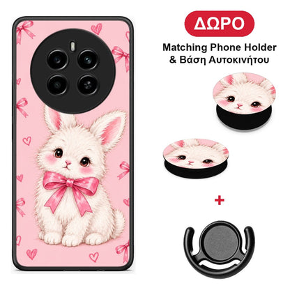 White Bunny and Pink Bows - Realme 12 4G / 12+ / 13 4G θήκη + Δώρο Phone Holder & Βάση Αυτοκινήτου