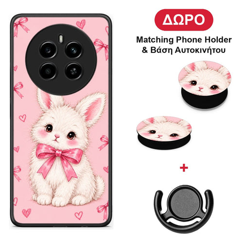 White Bunny and Pink Bows - Realme 12 4G / 12+ / 13 4G θήκη + Δώρο Phone Holder & Βάση Αυτοκινήτου