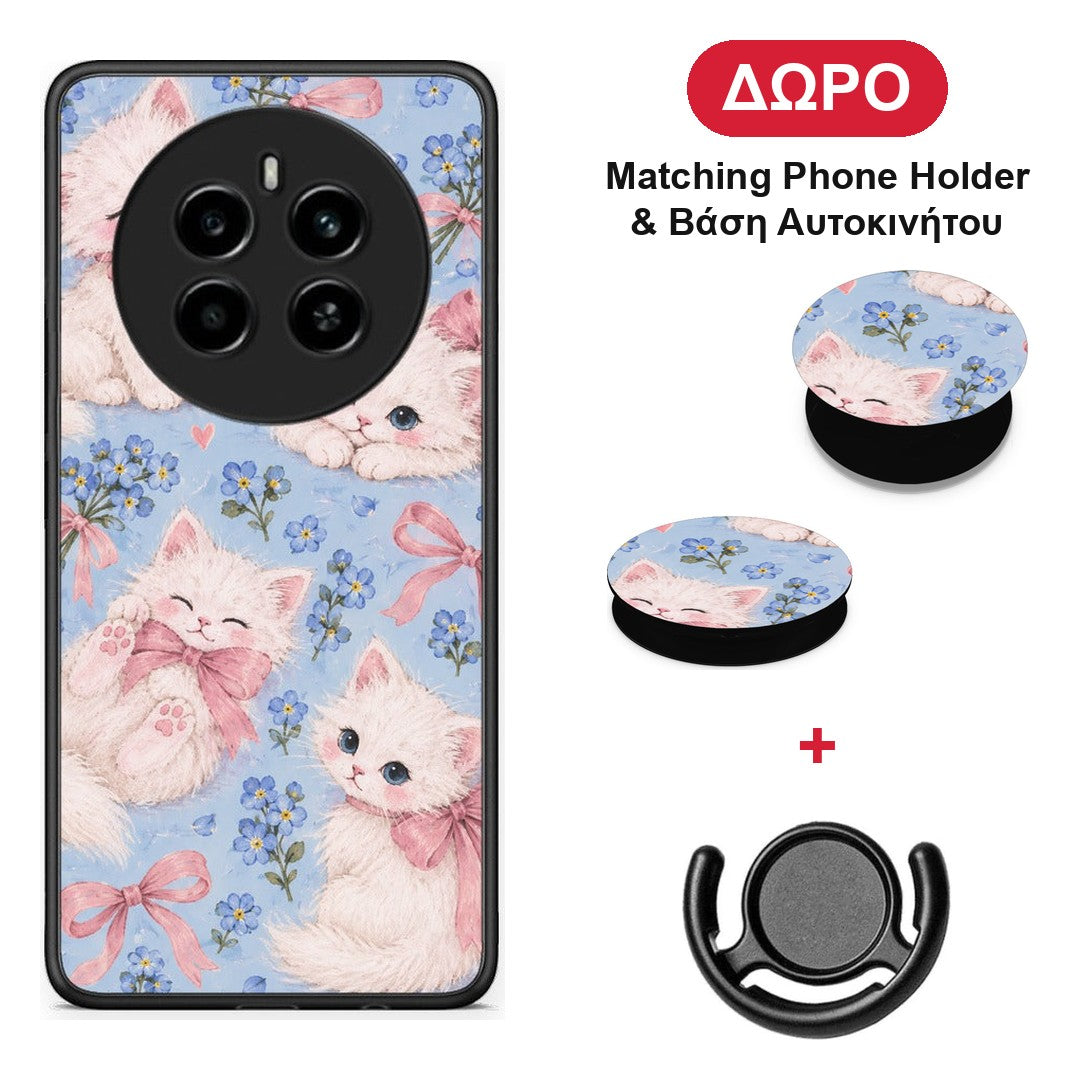 White Kittens and Blue Flowers Large - Realme 12 4G / 12+ / 13 4G θήκη + Δώρο Phone Holder & Βάση Αυτοκινήτου