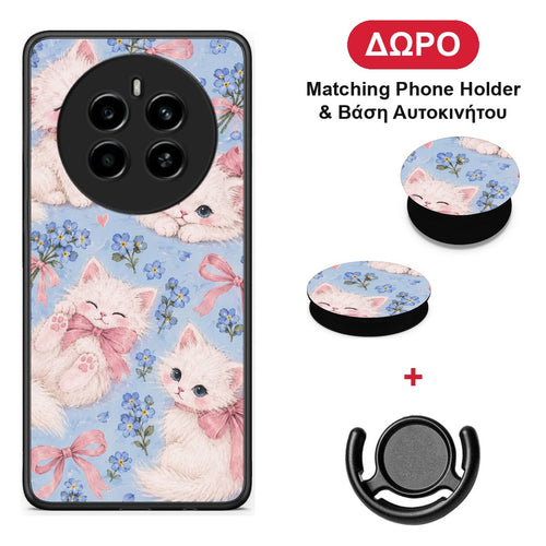 White Kittens and Blue Flowers Large - Realme 12 4G / 12+ / 13 4G θήκη + Δώρο Phone Holder & Βάση Αυτοκινήτου