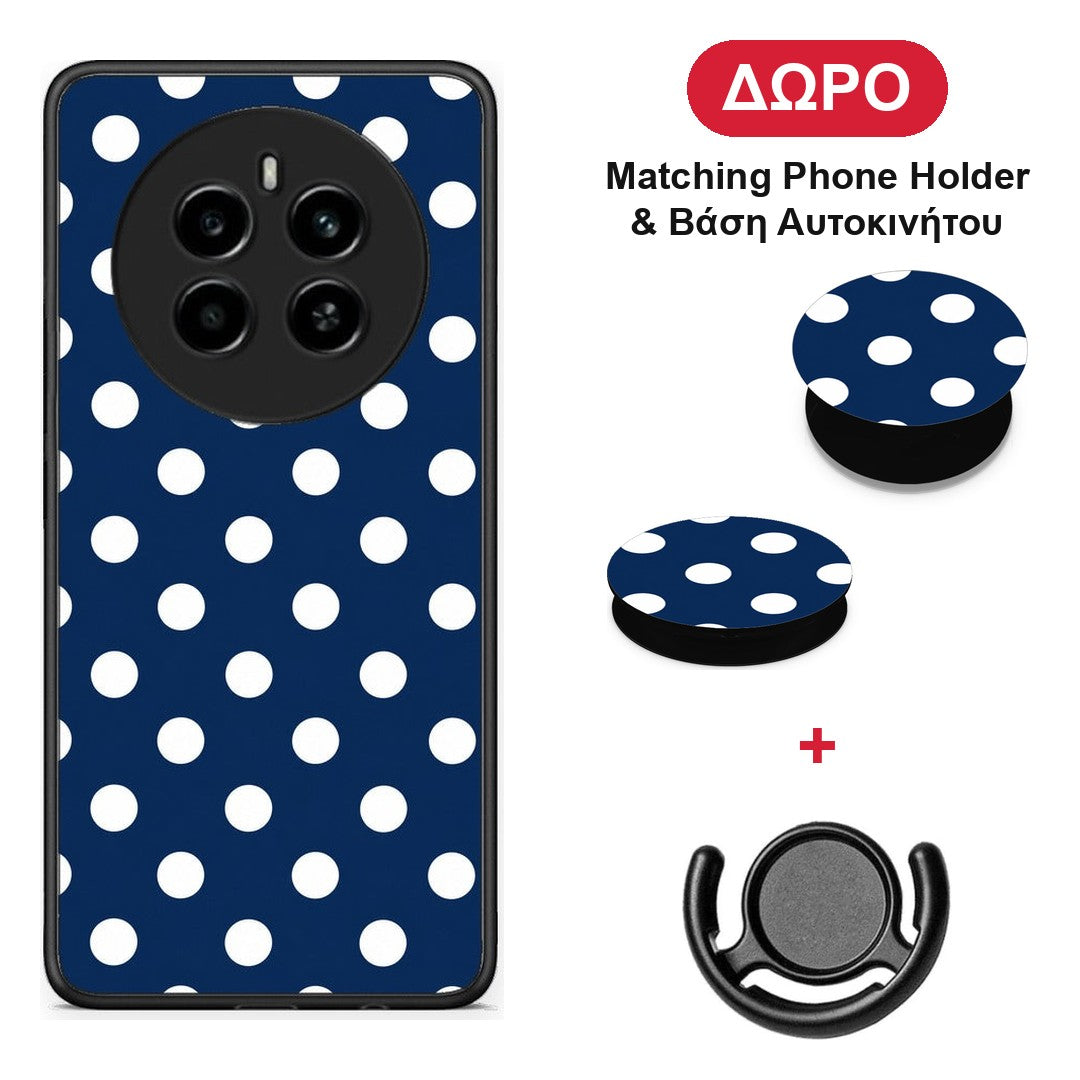 White Large Polka Dots on Navy - Realme 12 4G / 12+ / 13 4G θήκη + Δώρο Phone Holder & Βάση Αυτοκινήτου