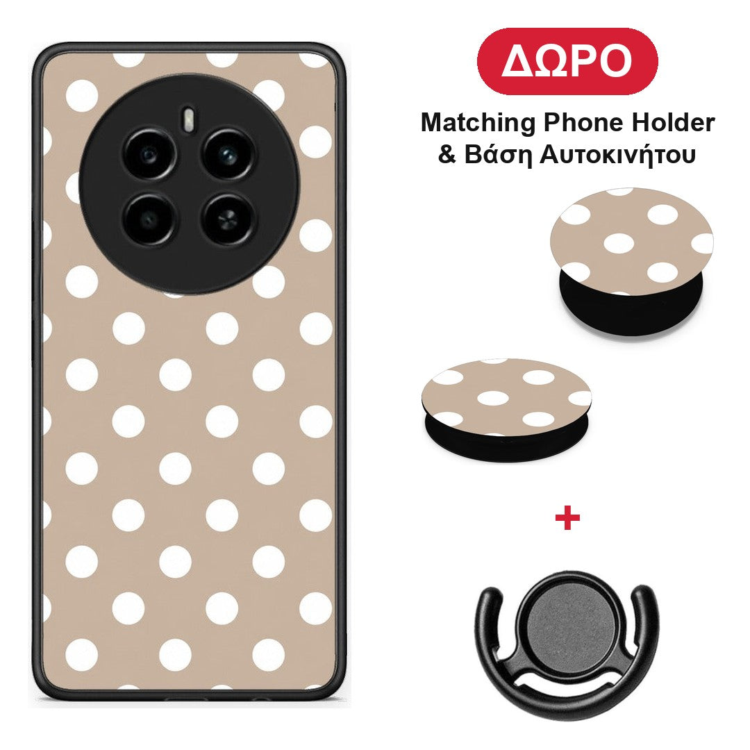 White Polka Dots on Taupe - Realme 12 4G / 12+ / 13 4G θήκη + Δώρο Phone Holder & Βάση Αυτοκινήτου