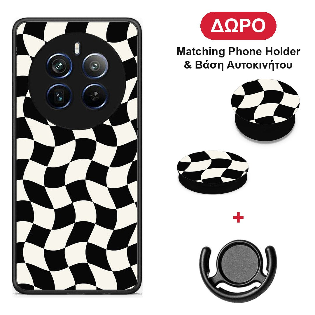 Black and Cream Wavy Checkerboard - Realme 12 Pro 5G / 12 Pro+ θήκη + Δώρο Phone Holder & Βάση Αυτοκινήτου