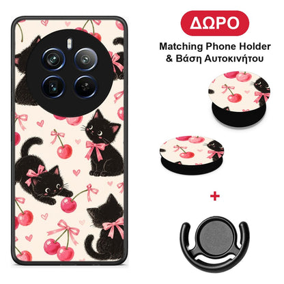 Black Kittens and Cherries on Cream - Realme 12 Pro 5G / 12 Pro+ θήκη + Δώρο Phone Holder & Βάση Αυτοκινήτου