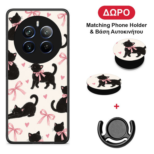 Black Kittens and Pink Bows on Cream Large - Realme 12 Pro 5G / 12 Pro+ θήκη + Δώρο Phone Holder & Βάση Αυτοκινήτου