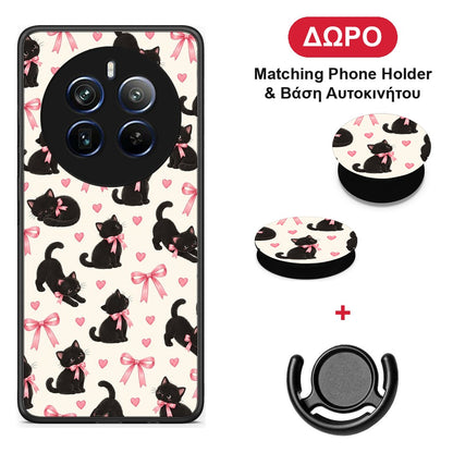 Black Kittens and Pink Bows on Cream Small - Realme 12 Pro 5G / 12 Pro+ θήκη + Δώρο Phone Holder & Βάση Αυτοκινήτου