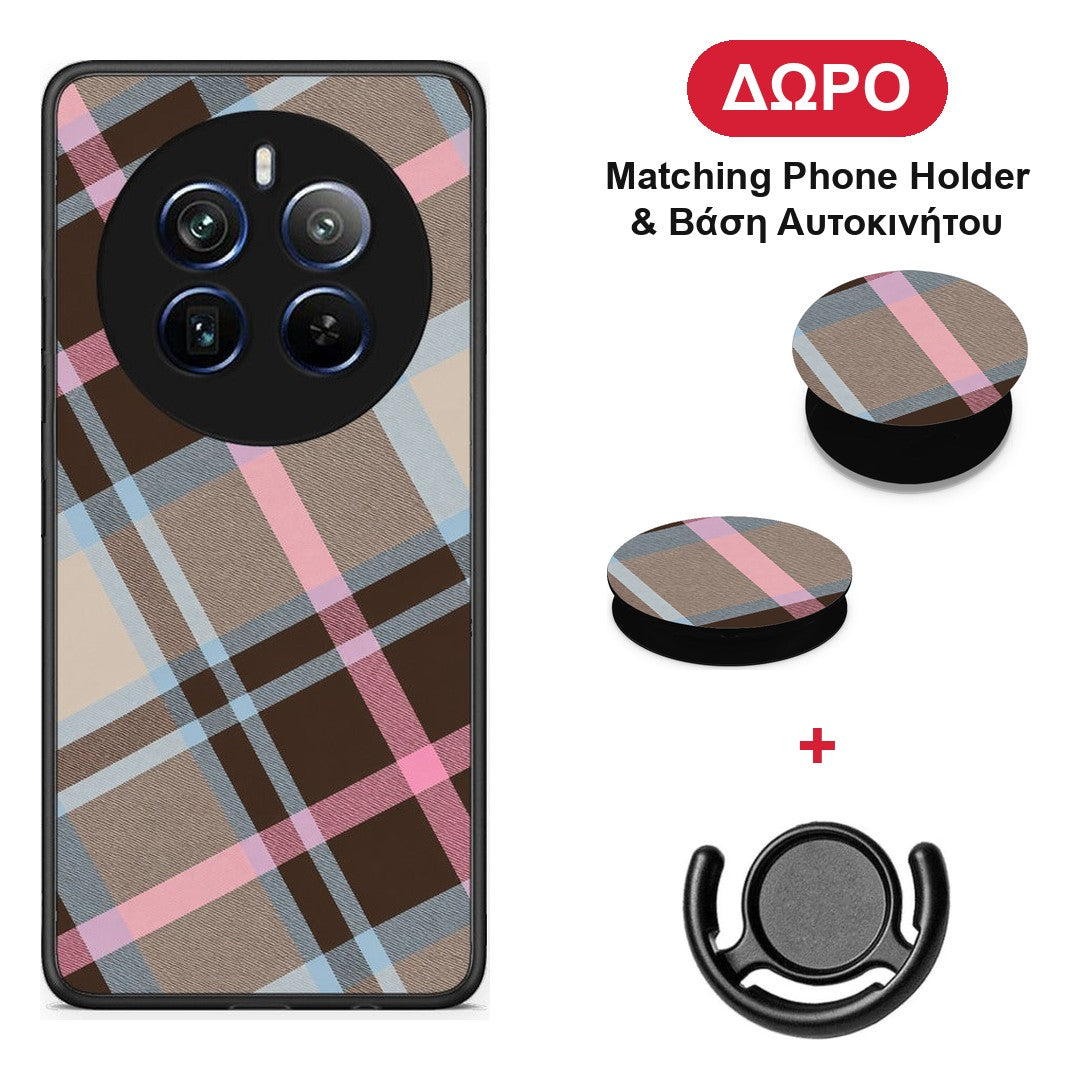 Brown Pink and Blue Diagonal Plaid - Realme 12 Pro 5G / 12 Pro+ θήκη + Δώρο Phone Holder & Βάση Αυτοκινήτου