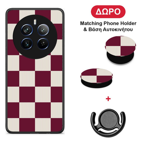 Burgundy and Cream Striped Checks - Realme 12 Pro 5G / 12 Pro+ θήκη + Δώρο Phone Holder & Βάση Αυτοκινήτου
