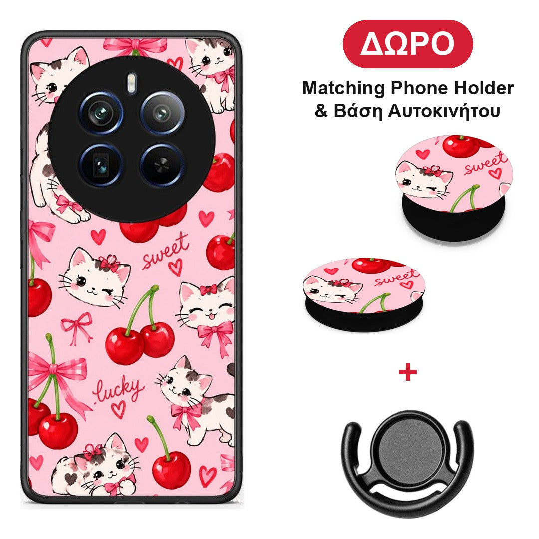 Cherries Bows and Kittens on Pink - Realme 12 Pro 5G / 12 Pro+ θήκη + Δώρο Phone Holder & Βάση Αυτοκινήτου